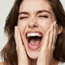 happy woman screaming, pleased, closeup photograph