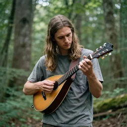 a photo of a young man with long hair playing mandolin in the wilderness