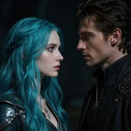 portrait of a beautiful long turquoise hair woman and handsome man looking to each other, high detail, partially in shadow, dark fantasy, sci - fi vibe, face, by gaston bussiere, bayard wu, greg rutkowski, auguste bourotte, bastien deharme, masterpiece, sharp focus, cinematic lightning