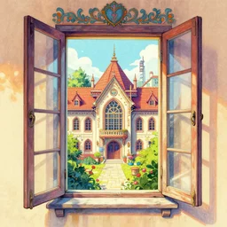 a painting beautiful window open front view, digital illustration, colorful architectural drawing, watercolor painting, behance contest winner, vintage, native art, trend in behance hd, 2 d game art, detailed painting