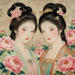breathtaking detailed concept art painting blend of two goddess of pink peony, by hsiao ron cheng, vintage illustration pattern wit