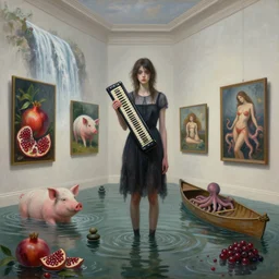 painting of a flooded london art gallery, a tall emo girl holding a vibraphone, paintings on the wall, pomegranates, waterfall, pigs, octopus, canoe, berries, zen, sensual, surrealist, by magritte and monet