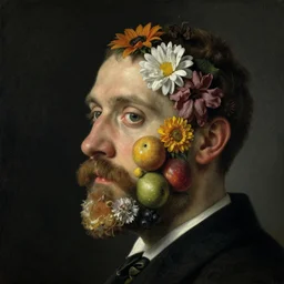 a man's face in profile, beard, made of flowers and fruit, in the style of the dutch masters and gregory crewdson, dark and moody
