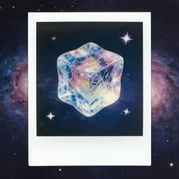 a 3 d colourful giant ice cube floating in the universe, galaxies and stars at the background, polaroid photo style, retro effect, high details, one ice cube
