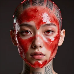 red shiny translucent translucent gel covers the face and head of a girl with geometric tattoos. portrait, cinematic, high details, masterpiece, cgsociety, octane render, 8 k, photorealism, hyperrealism, perfect face, symmetrical