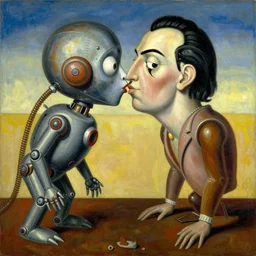 Oil painting by Roberto Matta. Strange mechanical beings kissing. Portrait by Takashi Murakami. Yves Tanguy. Dali.