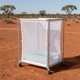 modular atmospheric water collector, fine sailcloth mesh, diy, with reservoir in the australian red desert