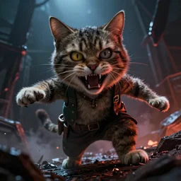 an epic action concept masterpiece of crazed and desperate cat, inspired by sd ai, digital art, horrific cinematic lighting, 4 k