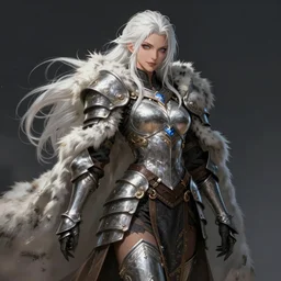beautiful semi realistic anime portrait of a fully clothed female barbarian with white hair, pale blue eyes, looking at camera, D&D, fur cape, full body plated armor, long wild spiky hair, cocky smirk, intricate outfit, elegant, stylish, fantasy, dark fantasy, epic fantasy, extremely detailed, digital painting, artstation, concept art, HD, 8k, smooth, sharp focus, illustration, stunning lighting, art by Artgerm and Ross Tran and WLOP, fully clothed, fully dressed