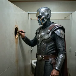 portrait of Klingon Chancellor Gowron in full Klingon costume and makeup in a dirty gas station bathroom as he inspects a small round hole in the wall of the toilet stall