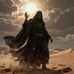 a powerful necromancer of darkness in a merciless desert, flickering air, hot sun from above, clouds in the sky, the feeling of dread and existential terror, style of peter mohrbacher, octane render, unreal engine, 8k high definition