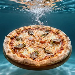 color photo of a pizza under water, nikon 3 5 mm