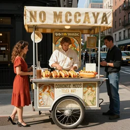 a Hot-Dog-Cart selling in new york city art by alphonse mucha and Monia Merlo and Raymond Swanland