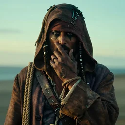 photo portrait of hooded, hood over face, rope on arm, hidden face, caribbean pirate with a brown coat with a rope on shoulder, rugged and dirty, cinematic lighting at sundawn, teal movie color grading