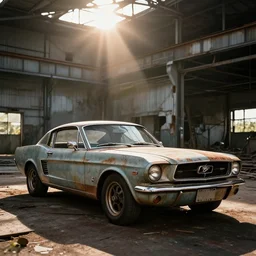 A rusty old mustang in an abandoned big factory, sun lighting from above, taken with a Leica camera, ambient lighting, sunset time, highly detailed art