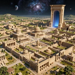 a big and structured landscape of an ancient civilization city inspired by ancient rome with a portal to outer space 4k digital art unreal engine trending on artstation