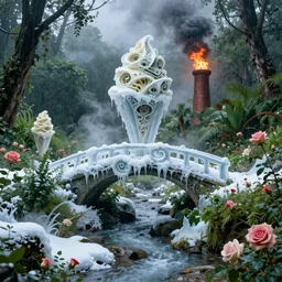 fractal ice cream, ornate, beautiful, atmosphere, vibe, mist, smoke, fire, chimney, rain, wet, pristine, puddles, melting, dripping, snow, creek, lush, ice, bridge, green, forest, roses, flowers, by stanley artgerm lau, greg rutkowski, thomas kindkade, alphonse mucha, loish, norman rockwell