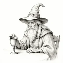 a mystical man with a goblet on the table, wizard hat, drawn by Naoko Takeuchi, impressive line work, tarot card. tarot card the magician, psychedelic