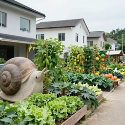 village marketplace,  with snail-shaped biomimetic architecture, harvesting capsicums, lettuce, silverbeet, hemp, and pumpkin vines, vertical vegetable and fruit gardens, in a village street, with beautiful minimalist houses in the background XF IQ4, 150MP, 50mm, F1.4, ISO 200, 1/160s, natural light
