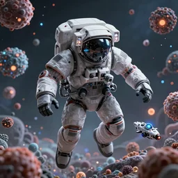 an epic portrait of a mecha astronaut entering microscopic multiverse of atoms madness with a tiny micro spaceship, cinematic lighting, trending on Artstation, highly detailed, insane details