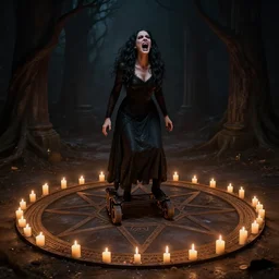 a women with wheels on it's head screaming while standing on a pentagram circle filled with candles, dark fantasy, horror