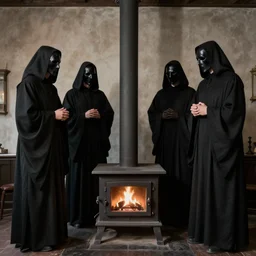 cultists in black robes surround a stove, realistic, gothic, black masks