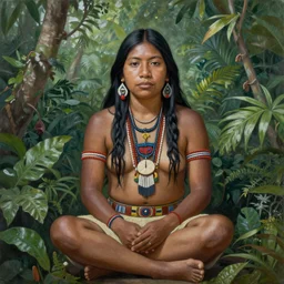 a beautiful painting of an indigenous shipibo shaman, sitting in the jungle and calling upon the spirits of nature, in the style of Pablo Amaringo