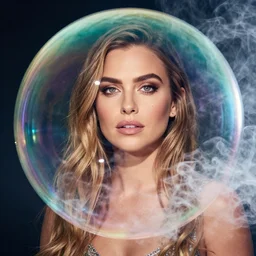 Mila Kunis reflected in highly reflective rainbow bubbles with smoke inside