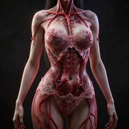 beautiful female body dressed in intricate outfit of blood!! vessels and skin! lace, detailed, dark background, backlit, c 4 d, octane!, realistic render, gothic!, contrast, 8 k