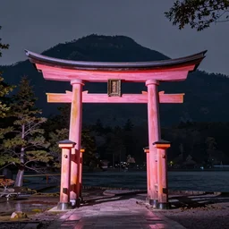 Japanese Torii in the center of the picture , torii in a moutain with trees ,night , by Grzegorz Rutkowski, concept art, pink scheme