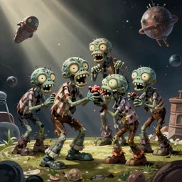 happy zombies eating each other, floating in space, cartoon illustration, detailed