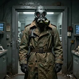 UHD hyperrealistic photorealistic detailed image of a man in a survival trenchcoat, wearing a full-head gasmask, inspired by the Stalker video game series standing in front of an laboratory door, in a ruined and dark underground lab, readying himself for combat with a green, brown and grey undertone by Ayami Kojima Amano Karol Bak, Greg Hildebrandt and Mark Brooks