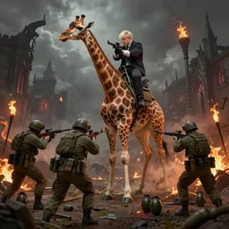 army snipers charging towards Boris Johnson riding an giraffe, with grenades, gothic, hell, dark, fire, torches, weapons, army, 4K, high detail, high quality, blender, terrain