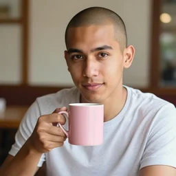 portrait of a ( ( ( una taza de cafe grande y rosa ) ) ), ( ( guapo joven caliente colombiano mulato pelo shaved ) ), nubes y magia, el sol, concept character, by greg rutowski and tezuka and oi and mucha and bierstadt and remington, trending on artstation