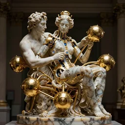 marble sculpture depicting a woman programming the samsara holy cluster, hi tech, cybernetic, dramatic lighting, digital photography, stunning, visionary, hyper realistic, beautiful, wow, gilt metal, rich marbles, by gian lorenzo bernini, by jean delville, ultra detailed, sharp