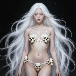 revealing cosmic goddess, long white hair, sublime, fantasy, shiny bikini, made of skulls, in the style of artgerm and charlie bowater and atey ghailan and mike mignola, vibrant colors and hard shadows and strong rim light, epic lighting, comic cover art, plain background, trending on artstation, detailed