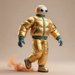 a single striding slender figurine of a tall giant inflated space man wearing over sized gold teal puffy bomber jacket, long bendy arms and legs, googly eyes, tareme eyes, small head, personification, dynamic pose, detailed product photo, tone mapped, beautiful composition, orange mist swirling at feet, 8 5 mm, f 5. 8