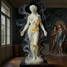 The room without doors and windows with beautiful full-body wax sculpture of the glowing woman with visible golden bones inside her in the singularity where stars becoming baroque folds of dark matter by Michelangelo da Caravaggio, Nicola Samori, William Blake, Alex Grey and Beksinski, dramatic volumetric lighting, detailed oil painting, 8k, masterpiece