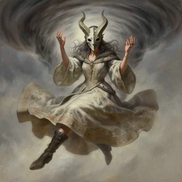 detailed hands with rings, character concept art of sorceress wearing half horned mask and boots flying inside a tornado, full body shot, gown, crossing legs, raised hands, fantasy painterly style, intricate details, artwork by ross tran, artgerm, eimbrodered clothing,