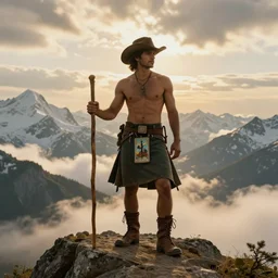 a full - body portrait by greg rutkowski and albert bierstadt of a handsome shirtless desi hiker on a mountain peak leading an expedition. he is wearing a short kilt, cowboy hat, and leather boots. he is holding a wooden staff. background is snowy mountains and clouds. homoerotic, highly detailed, golden hour lighting, dramatic, ethereal, dreamlike, tarot card. trending on artstation