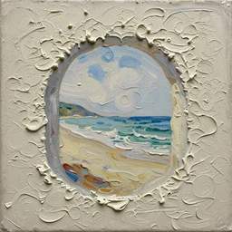 palette knife painting of a close up of a three - dimensional thick impasto oil painting of a beautiful italian beach scene, seen through complex globular texture, lots of thick encrusted paint, vast amounts of wax - like lines of dripping oil paint cover nearly everything, painted by hieronymus bosch, background thick encrusted paint