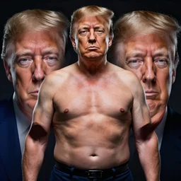Elon musk with donald trump body, realistic artstyle, wide shot, dramatic lighting, octane render, hyperrealistic, high quality, highly detailed, HD, beautiful, cinematic, 8k, unreal engine, facial accuracy, symmetrical