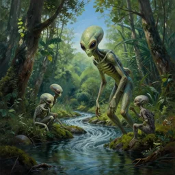 hyper realistic spooky alien in the woods in a river gorgeous lighting, lush forest foliage blue sky a hyper realistic painting by chiara bautista and beksinski and norman rockwell and greg rutkowski, tom bagshaw weta studio, and lucasfilm