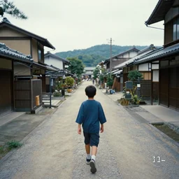 lo - fi aesthetic, first person image of a japanese boy walking into a traditional village, wide scene, grainy film