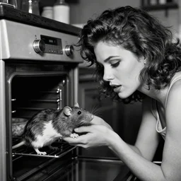 black and white photo of a beauty woman puts a big rat in the oven 90s by Laurie Lipton, high detailed, realistic, dark surrealism, hyper detailed