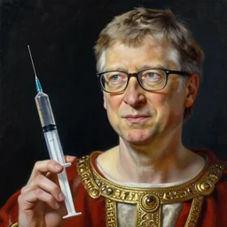 a bill gates with syringe, a space empress in byzantine style. beautiful highly detailed face, painting by ilya kuvshinov