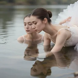 very close up digital photo portrait of a beautiful prima ballerina mirroring herself in the water of a calm river, dress beauty lace inspired by narciso in style of nicholas fols, britt marling style 3 / 4, 1 5 0 mm, f. 1. 4, soft blur light, volumetric lighting, highly detailed, realistic, refined, highly detailed, interstellar outdoor soft pastel mute colours scheme, outdoor fine art photography, hyper realistic, photo realistic