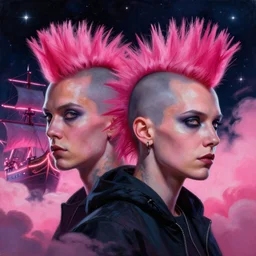 beautiful clear faces, portrait big dark punk, pink, mohawk, arcteryx, space, hyperdetailed illustration, stars, neon, oil painting, rich deep colors masterpiece, ultra detailed, contrast, heaven pink, clouds, volumetric light, atmospheric lighting, pirate neon ship, dramatic, cinematic, moody, octane render 4 k, 8 k