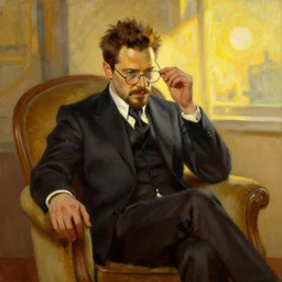 oil painting of tony stark wiping his glasses, sitting in an armchair in a room with the setting sun, by thomas kinkade, rembrandt, golden hour