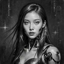 By Tom Bagshaw, ultra realist soft painting of an attractive cyberpunk female with sillicon cyborg skin, with thin lustrous long hair floating, photorealistic eyes render, looking at camera, curiosities carnival, symmetry accurate features, very intricate details, focus, dark fantasy background, black and white, curvy